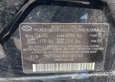 2011 Hyundai Sonata Gls from USA, damaged, VIN 5NPEB4AC6BH065747